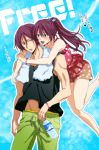  1boy 1girl bare_shoulders blush bottle brother_and_sister free! hug imuco legs long_hair matsuoka_gou matsuoka_rin muscle ponytail purple_hair red_eyes redhead siblings 