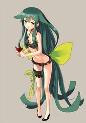  1girl absurdly_long_hair bare_shoulders bikini black_bikini bow breasts frilled_bikini frills gatchaman_crowds green_eyes green_hair hair_bow katahira_masashi large_bow leg_garter long_hair low-tied_long_hair navel solo swimsuit utsutsu very_long_hair 