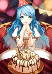  1girl balloon blue_eyes blue_hair cake dress food hat long_hair original party_hat ribbon smile solo table 