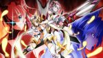  amou_kanade armor bare_shoulders blue_eyes blue_hair bodysuit breasts brown_hair cleavage feathers headphones highres kazanari_tsubasa komakedara long_hair maria_cadenzavuna_eve orange_eyes pink_hair purple_hair scarf senki_zesshou_symphogear short_hair tachibana_hibiki_(symphogear) twintails violet_eyes yukine_chris 