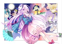  6+girls azuma_aya blonde_hair blue_eyes blue_hair bow brown_hair bubble_skirt cape closed_eyes covering_mouth expressionless face_mask fan fox_mask frame full_moon futatsuiwa_mamizou hair_bobbles hair_ornament hat hat_ribbon hata_no_kokoro headphones heart heart_of_string hijiri_byakuren hood jewelry kawashiro_nitori komeiji_koishi kumoi_ichirin long_hair long_sleeves looking_at_viewer mask mononobe_no_futo moon multiple_girls necklace pink_eyes pink_hair purple_hair ribbon shirt short_sleeves silver_hair skirt smile third_eye tongue tongue_out touhou toyosatomimi_no_miko very_long_hair violet_eyes wide_sleeves wink yellow_eyes 