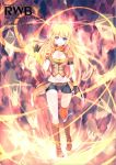  1girl blonde_hair breasts cleavage fingerless_gloves gauntlets gloves heterochromia lao_meng long_hair red_eyes rwby violet_eyes yang_xiao_long 