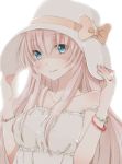  1girl blue_eyes bow hands_on_hat hat hiro_(hirohiro31) jewelry long_hair looking_at_viewer megurine_luka pink_hair ring smile solo strap_slip vocaloid 