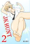  1girl absurdres barefoot blonde_hair blue_eyes crossed_legs eating feet highres legs mouth_hold necktie popsicle shirt short_hair sitting soles solo toes 