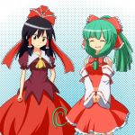  2girls alternate_costume black_hair bow breasts cato_(monocatienus) closed_eyes cosplay costume_switch detached_sleeves front_ponytail green_hair hair_bow hair_ribbon hakurei_reimu halftone halftone_background kagiyama_hina multiple_girls navel open_mouth puffy_short_sleeves puffy_sleeves red_eyes ribbon short_sleeves skirt sweatdrop touhou v_arms 