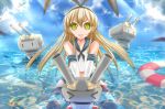  &gt;_&lt; 1girl blonde_hair blue_sky clouds detached_sleeves green_eyes hair_ribbon highres innertube kantai_collection long_hair looking_at_viewer marionette_(excle) neckerchief open_mouth personification rensouhou-chan ribbon sailor_dress shimakaze_(kantai_collection) sitting skirt sky smile solo striped striped_legwear thighhighs water zettai_ryouiki |_| 