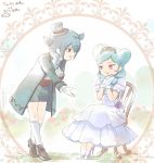  1boy 1girl aqua_hair beta_(inazuma_eleven) blue_hair braid crossover dress gloves hat high_heels inazuma_eleven inazuma_eleven_(series) inazuma_eleven_go inazuma_eleven_go_chrono_stone long_hair mistorene_callus mizuhara_aki no_pupils open_mouth sitting standing violet_eyes 