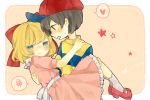  :t black_hair blonde_hair blue_eyes blush carrying hat heart looking_at_another mother_(game) mother_2 ness nintendo paula_polestar princess_carry ribbon 