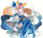  1boy 1girl animal_ears bow brown_hair caster_(fate/extra) detached_sleeves fate/extra fate_(series) fina_(sa47rin5) fox_ears fox_tail hair_bow hair_ribbon japanese_clothes kishinami_hakuno_(male) pink_hair ribbon tail traditional_media twintails watercolor_(medium) yellow_eyes 