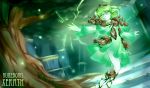  1girl alternate_costume barefoot electricity facial_mark genderswap green_eyes green_hair league_of_legends nam_(valckiry) personification short_hair solo translucent tree twintails vines white_skin xerath 