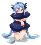  1girl :t barefoot blue_hair blush bonnzinnak book cellphone hair_ornament hair_ribbon hairclip long_hair looking_at_viewer original phone pillow pillow_hug pout red_eyes ribbon simple_background solo twintails very_long_hair white_background 