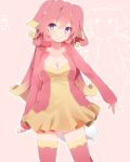  1girl animal_ears audino blonde_hair breasts cleavage highres long_hair multicolored_hair personification pink_background pink_hair pokemon pokemon_(game) pokemon_bw skirt smile solo tail takeshima_(nia) thighhighs two-tone_hair violet_eyes zettai_ryouiki 