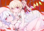  2girls absurdres bare_shoulders bat_wings blonde_hair collarbone colored_eyelashes flandre_scarlet hair_ribbon highres holding_hands lavender_hair multiple_girls nightgown on_back on_bed pillow pointy_ears red_eyes remilia_scarlet ribbon short_hair siblings side_ponytail sisters thighhighs touhou white_legwear wings 
