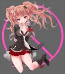  1girl arms_behind_back blue_eyes blush boots bow collarbone dangan_ronpa enoshima_junko grin hair_ornament kogal long_hair monokuma natsuhachi necktie pink_hair pleated_skirt skirt sleeves_rolled_up smile solo twintails 