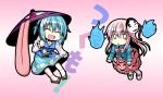 2girls blue_hair blush bow bubble_skirt chibi closed_eyes expressionless face_mask hata_no_kokoro ichimi karakasa_obake long_hair long_sleeves mask multiple_girls oni_mask open_mouth pink_eyes pink_hair shirt skirt smile tatara_kogasa touhou umbrella very_long_hair vest wide_sleeves