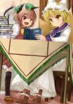  2girls animal_ears blonde_hair blush book book_stack brown_hair cat_ears cat_tail chen fang fox_tail multiple_girls multiple_tails reading smile tail touhou two_tails yakumo_ran yellow_eyes youry 