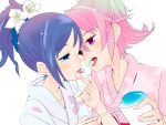  2girls aida_mana alternate_costume alternate_hairstyle blue_eyes blue_hair blush bust couple cup dokidoki!_precure face-to-face food_in_mouth hair_up hishikawa_rikka incipient_kiss japanese_clothes kimono multiple_girls peach765 pink_eyes pink_hair precure shaved_ice short_hair simple_background spoon tongue tongue_out white_background yukata yuri 