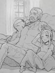  1boy 2girls barefoot beard blush closed_eyes ellie_(the_last_of_us) facial_hair father_and_daughter joel_(the_last_of_us) kuma_jet long_hair multiple_girls pillow ponytail sarah_(the_last_of_us) short_hair sitting smile the_last_of_us time_paradox window wink 