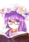  1girl adjusting_glasses bespectacled book crescent glasses hat long_hair mister_rhino_(wangzisama1001) patchouli_knowledge purple_hair solo touhou violet_eyes white_background 