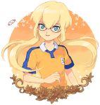  1boy blonde_hair blue_eyes fusion glasses inazuma_eleven_(series) inazuma_eleven_go inazuma_eleven_go_chrono_stone jeanne_d&#039;arc_(inazuma_eleven) kirino_ranmaru lightning_bolt long_hair male mizuhara_aki raimon simple_background soccer_uniform solo twintails white_background 