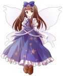  1girl alphes_(style) bow brown_eyes brown_hair dairi dress hair_bow long_hair looking_at_viewer parody ribbon smile solo star_sapphire style_parody touhou transparent_background wings 