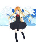  1girl air blonde_hair blue_eyes hail_(merry_more) kamio_misuzu long_hair ponytail school_uniform solo wings 