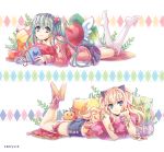  2girls :3 artist_name blonde_hair blue_eyes book bracelet checkerboard_cookie chin_rest cookie cup food green_eyes green_hair hatsune_miku jewelry long_hair looking_at_viewer lying multiple_girls nail_polish on_stomach seeu skirt socks spring_onion teacup thigh-highs vocaloid zenyu 