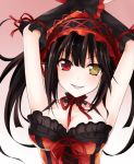  1girl bare_shoulders black_hair breasts clock_eyed date_a_live dress gradient gradient_background hairband heterochromia lolita_fashion lolita_hairband looking_at_viewer qiuzhi_huiyi red_eyes ribbon smile solo tokisaki_kurumi twintails yellow_eyes 