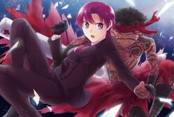  1boy 1girl avenger bazett_fraga_mcremitz black_hair dark_skin fate/hollow_ataraxia fate_(series) formal full_body_tattoo gloves mole mspn pant_suit purple_hair shirtless short_hair suit tattoo violet_eyes 