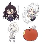  3boys apple ayu_(mog) black_hair brothers bust chibi closed_eyes fang food fruit gandaresu_baran hands_in_pockets hood inazuma_eleven_(series) inazuma_eleven_go inazuma_eleven_go_galaxy long_hair male_focus miniboy monochrome multiple_boys no_pupils one_eye_closed open_mouth parted_lips pointy_ears rodan_gasugusu ryugeru_baran siblings simple_background smile translation_request violet_eyes white_background white_hair 