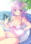  1girl bikini book bun_cover crescent_moon double_bun glasses hair_ornament long_hair minamura_haruki moon partially_submerged patchouli_knowledge purple_hair reading reclining rough rubber_duck solo sparkle swimsuit touhou vertical-striped_bikini vertical_stripes violet_eyes wading_pool 