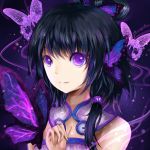  1girl bare_shoulders black_hair butterfly dark_background hair_ornament hair_rings highres light_smile luo_tianyi short_hair solo twintails violet_eyes vocaloid vocaloid_china vowscat 
