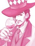  1boy alcohol cup facial_hair hat jojo_no_kimyou_na_bouken miyabi_(run) monochrome mustache solo top_hat will_anthonio_zeppeli wine wine_glass 