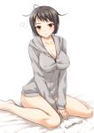  1girl ahoge black_hair blush bottomless breasts brown_eyes cleavage glasses hoodie large_breasts looking_at_viewer messy_hair naked_hoodie rough servant_x_service short_hair simple_background sitting solo tomifumi wariza white_background yamagami_lucy 