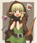  1girl ahoge apple arrow ayachi belt black_gloves blonde_hair blush boned_meat bow_(weapon) braid brown_eyes dragon&#039;s_crown drooling elf elf_(dragon&#039;s_crown) fangs food fruit gloves grapes heart hood meat open_mouth pointy_ears quiver short_hair solo twin_braids weapon 