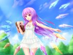  1girl alternate_costume anata_(lighttuner) bare_arms bare_shoulders blue_sky blurry book bow clouds collarbone crystal depth_of_field dress grimoire hair_bow long_hair looking_at_viewer outdoors outstretched_arm parted_lips patchouli_knowledge payot purple_hair sky solo sundress touhou transparent tree violet_eyes wind 