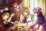  3girls alice_margatroid ascot black_dress blonde_hair blue_dress blue_eyes book bookshelf bow cake capelet chair cookie crescent cup curtains dress drinking flower flying food hair_bow hairband hat kirisame_marisa long_hair long_sleeves mikkii multiple_girls open_mouth patchouli_knowledge puffy_sleeves purple_dress purple_hair shanghai_doll short_sleeves sitting smile table teacup touhou very_long_hair violet_eyes wide_sleeves window witch_hat yellow_eyes 