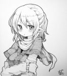  1girl arm_warmers blush bust clown_222 millipen_(medium) mizuhashi_parsee monochrome pointy_ears pout scarf short_hair signature solo touhou traditional_media 