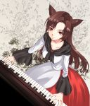  1girl animal_ears brown_hair dress from_above highres imaizumi_kagerou instrument kyuu_umi long_hair looking_at_viewer piano piano_keys red_eyes smile solo touhou wolf_ears 