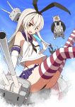  1girl anchor black_panties blonde_hair blush elbow_gloves gloves green_eyes hairband kantai_collection kitsuneko_azarashi long_hair open_mouth panties personification popsicle rensouhou-chan shimakaze_(kantai_collection) skirt solo striped striped_legwear thighhighs underwear 