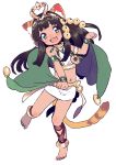  1girl amezawa_koma animal_ears bastet_(p&amp;d) black_hair bracelet cape cat_ears cat_tail fang green_eyes hair_ornament jewelry long_sleeves looking_at_viewer midriff navel necklace open_mouth paw_pose puzzle_&amp;_dragons shirt simple_background skirt smile solo standing_on_one_leg tail white_background 