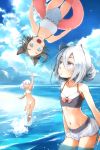  3girls animal_ears bare_shoulders beach bikini black_hair blue_eyes blush cat_ears clothed_navel clouds flat_chest highres innertube long_hair looking_at_viewer mound_of_venus multiple_girls one-piece_swimsuit open_mouth original partially_submerged red_eyes short_hair silver_hair sky slit_pupils smile swimsuit upside-down water white_swimsuit yunar 