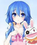  1girl blue_eyes blue_hair date_a_live eyepatch gradient gradient_background hair_bobbles hair_ornament hand_puppet looking_at_viewer open_mouth puppet qiuzhi_huiyi rabbit solo stuffed_animal stuffed_bunny stuffed_toy yoshino_(date_a_live) 