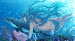  1girl bikini bubble coral dolphin dream_of_abell hatsune_miku long_hair solo striped striped_bikini striped_swimsuit swimsuit underwater very_long_hair vocaloid 