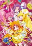  4girls ;d arm_up blonde_hair blue_eyes boots braid brooch bubble_skirt cat choker circlet cure_beat cure_melody cure_muse_(yellow) cure_rhythm dodory dory earrings fairy_tone fary frills green_eyes hair_ornament hair_ribbon hairpin houjou_hibiki hummy_(suite_precure) jewelry kurokawa_eren lary long_hair magical_girl minamino_kanade miry multiple_girls niita open_mouth orange_hair pink_background pink_eyes pink_hair pink_legwear precure purple_hair rery ribbon seiren_(suite_precure) shirabe_ako side_ponytail skirt smile sory suite_precure thigh-highs tiry treble_clef twintails wink wrist_cuffs yellow_eyes 