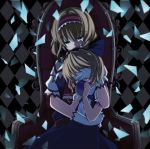  2girls alice_margatroid alice_margatroid_(pc-98) apple blindfold blonde_hair blue_apple blurry bow broken_glass checkered checkered_background depth_of_field food fruit glass gloves green_eyes hair_bow hair_ribbon multiple_girls ribbon rondo_umigame sitting tears throne touhou touhou_(pc-98) 