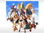  1girl black_wings brown_hair character_name copyright_name crossover deoxys dragonite hand_on_hip hat highres honchkrow looking_at_viewer midriff navel ninjask pointy_ears poke_ball pokemon red_eyes scraggy shameimaru_aya shiftry shinebell short_hair shorts smile tokin_hat touhou wings 