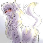  1girl blush ex-keine horns kamishirasawa_keine leaning_forward long_hair looking_at_viewer monochrome red_eyes solo spot_color tail takamura touhou 