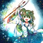  1girl :d armpits blush breasts detached_sleeves frog_hair_ornament gohei green_eyes green_hair hair_ornament happy kochiya_sanae long_hair long_sleeves looking_at_viewer necktie open_mouth ringetsumon shirt skirt smile snake_hair_ornament solo touhou wide_sleeves 