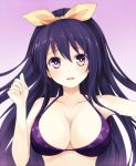  1girl bow bra breasts cleavage date_a_live gradient gradient_background hair_bow large_breasts long_hair looking_at_viewer open_mouth purple_bra qiuzhi_huiyi solo tagme underwear very_long_hair violet_eyes yatogami_tooka 